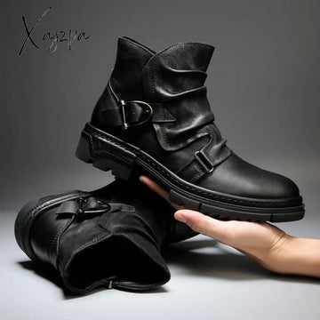 Xajzpa - Autumn Winter Men Boots Square Heel High Top Retro Men’s Shoes Round Head Knight